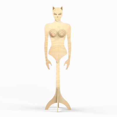 Wooden Female Body Form on Stand Cat Head